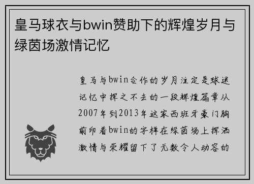 皇马球衣与bwin赞助下的辉煌岁月与绿茵场激情记忆 皇马球衣与bwin赞助下的辉煌岁月与绿茵场激情记忆